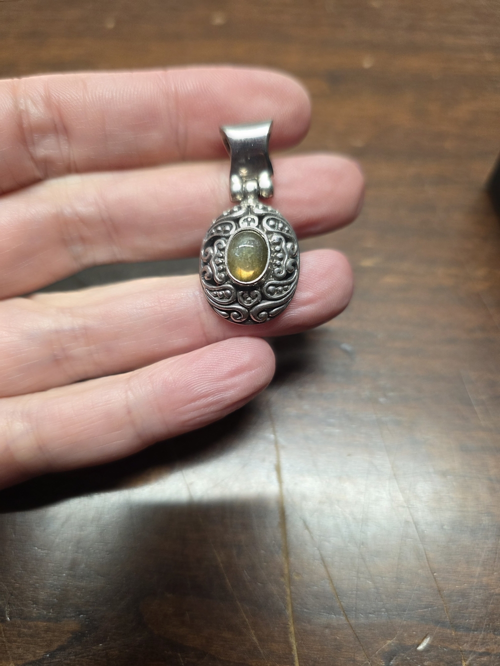 Sterling Silver Ornate Pendant with Yellow/Green Moonstone